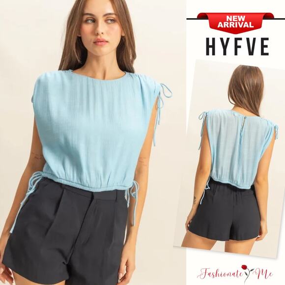 HYFVE Bubble Hem Side Tie Detail Round Neck Sleeveless Casual Blouse | Mint Blue - Picture 1 of 5